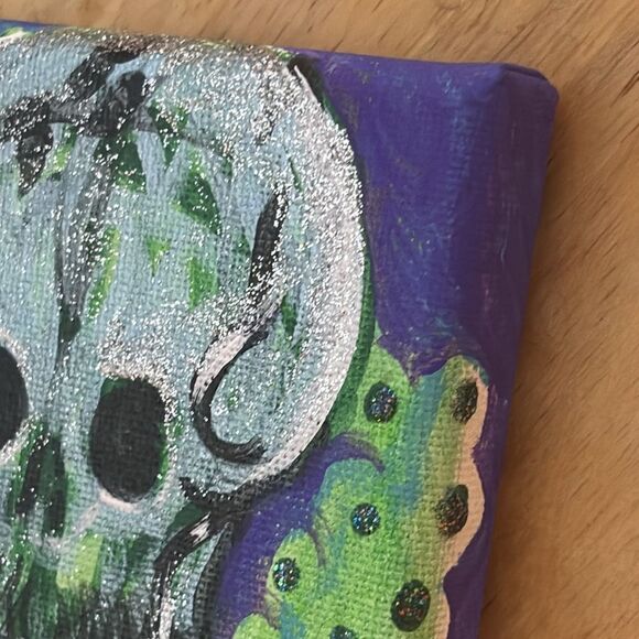 Original Acrylic Painting 4x4 Purple and Green and Silver Skull Painting - Picture 6 of 9